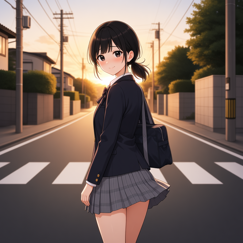 Animaで生成した、夕暮れの帰り道で振り返ってはにかむ制服姿の女子高生